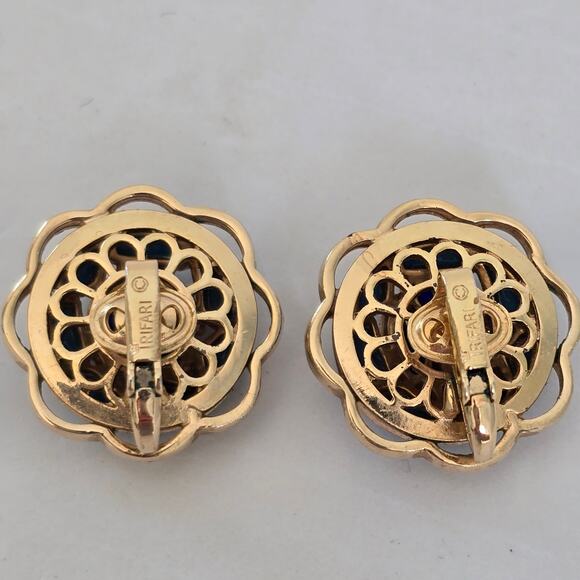 Crown Trifari Alfred Philippe Earrings Modern Mosaics Sapphire Turquoise Gold - Picture 4 of 7